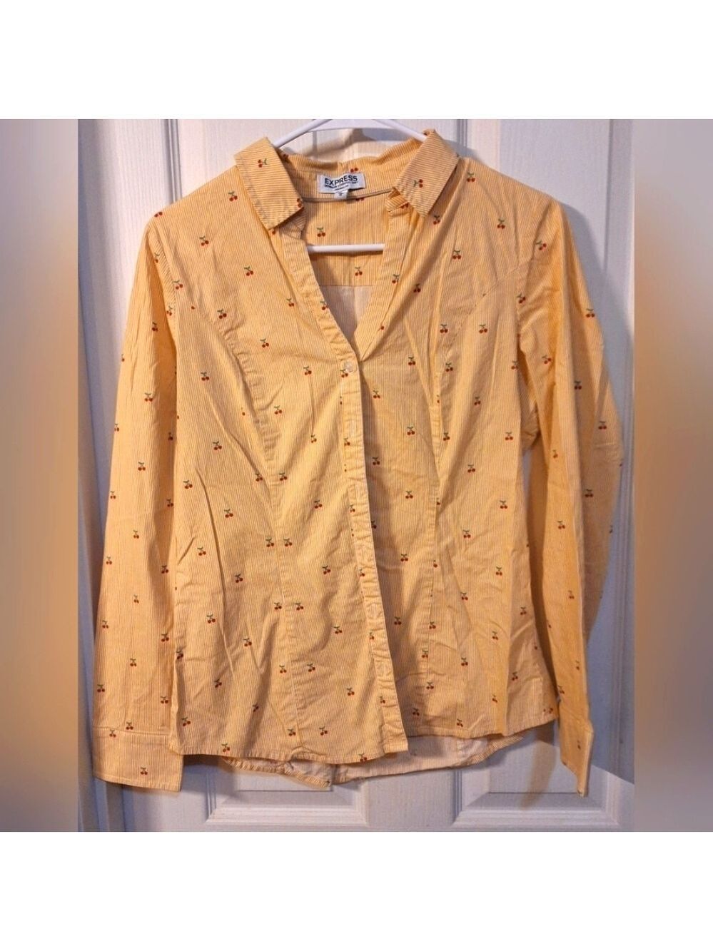 Express Yellow Stripe Button Up Shirt Cherry Embroidery Medium